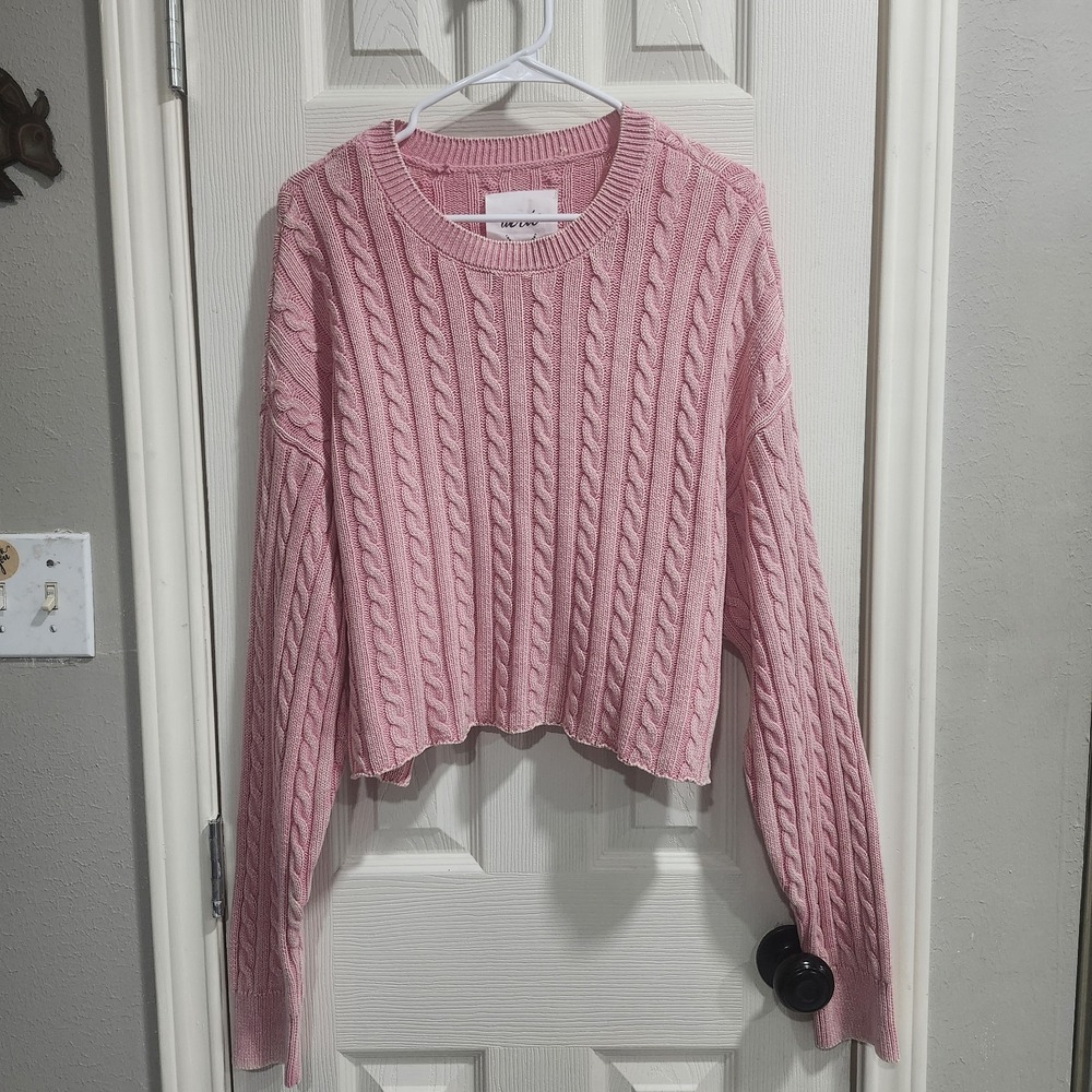 Aerie Oversized Cable Knit Cropped Sweater Pink XL Cozy Long Sleeve Crew Neck